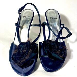 Stuart Weitzman black satin flower heels